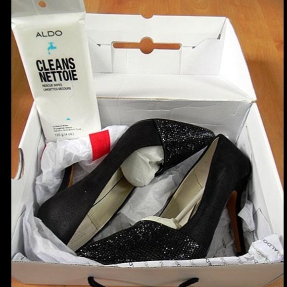 ALDO 7 BLACK SUEDE LEATHER SPARKLY RHINESTONE HEELS w BOX - Picture 3 of 10